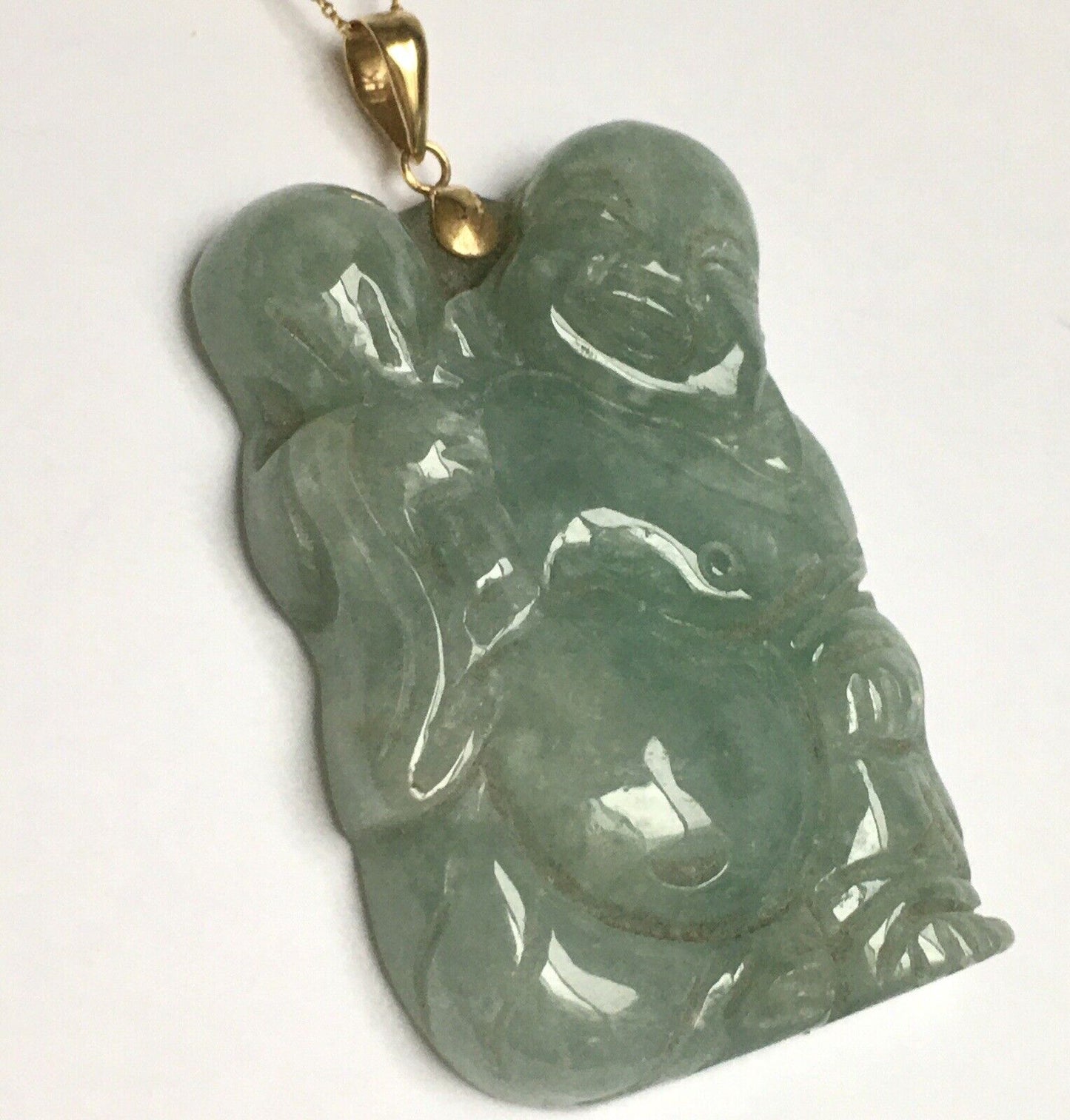 New 14k Solid Yellow Gold Big Natural Green Jade Pendant Lucky Buddha 18.8g