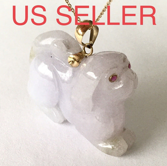 14k Solid Yellow Gold Natural Lavender Jade Pendant Ruby Eyes 3D Dog Carved