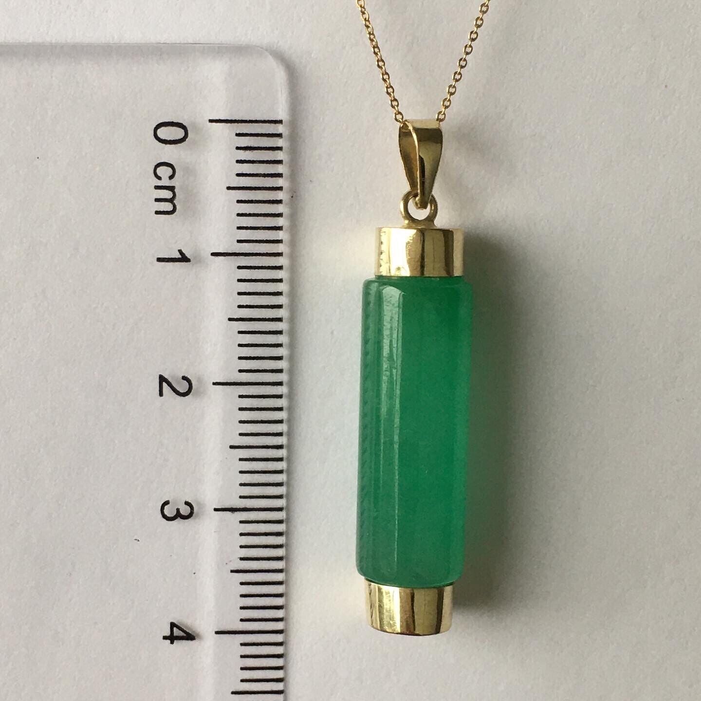 New 14k Solid Yellow Gold Quality Natural Green Jade Cylinder Pendant Good Luck