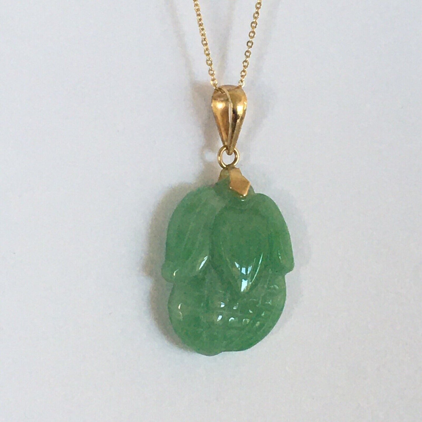 P-4130 New 14k Solid Yellow Gold Natural Quality Green Jade Pendant Lucky Corn