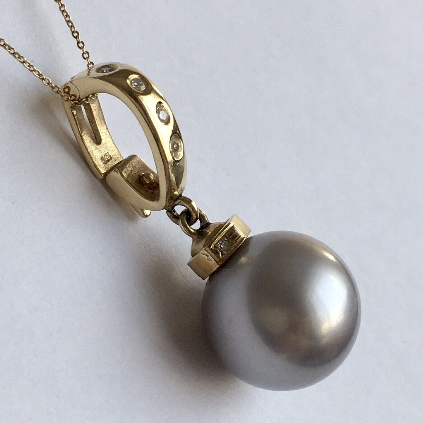 14k Real Yellow Gold Natural Gray South Sea Pearl Diamonds Pendant Perfect Round