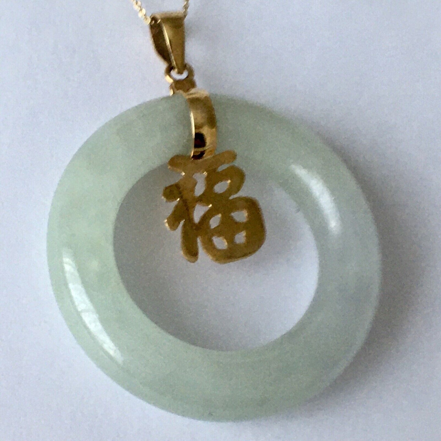 14k Real Yellow Gold Big Circle Natural Green Jade Pendant Lucky Happiness 10.8g