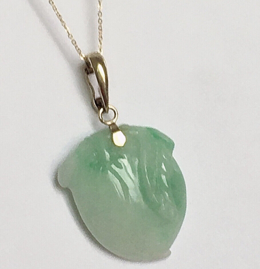 P-2230 New 14k Solid Yellow Gold Natural Quality Green Jade Pendant HandCut Pear