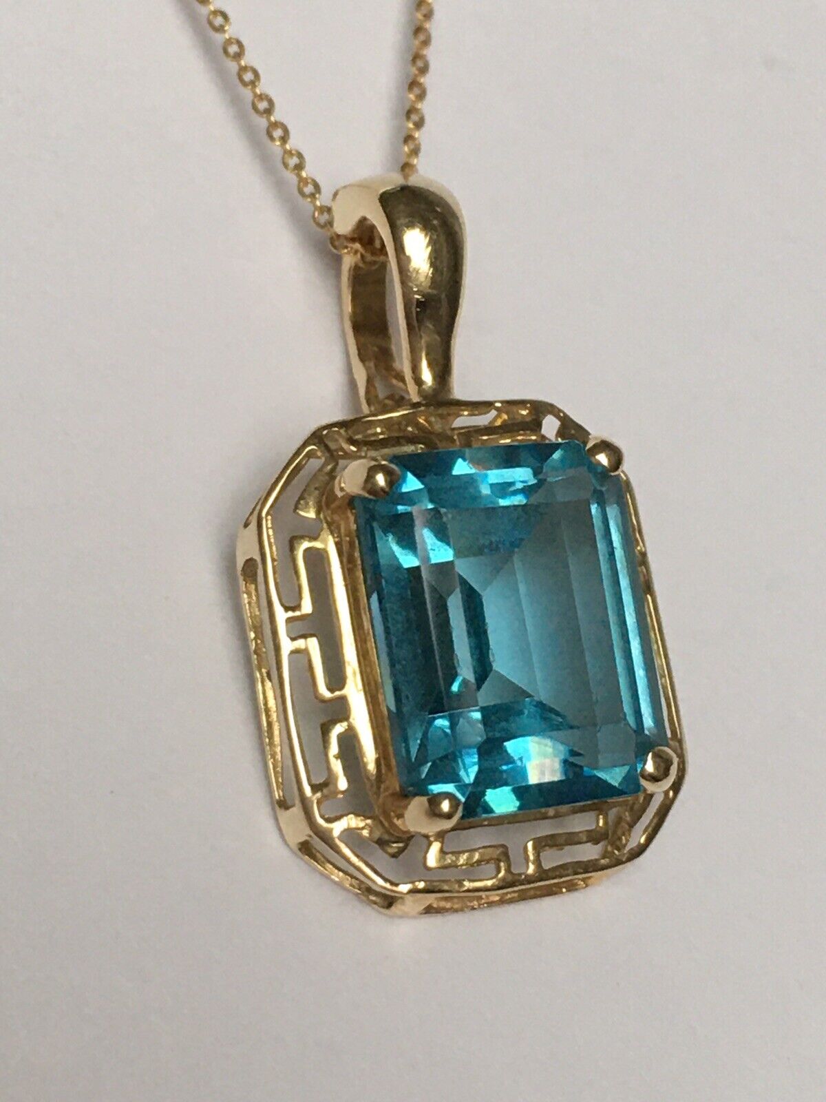 New 14k Solid yellow Gold Y/G Blue Topaz Pendant, 12*14mm, Emerald, P-067012.