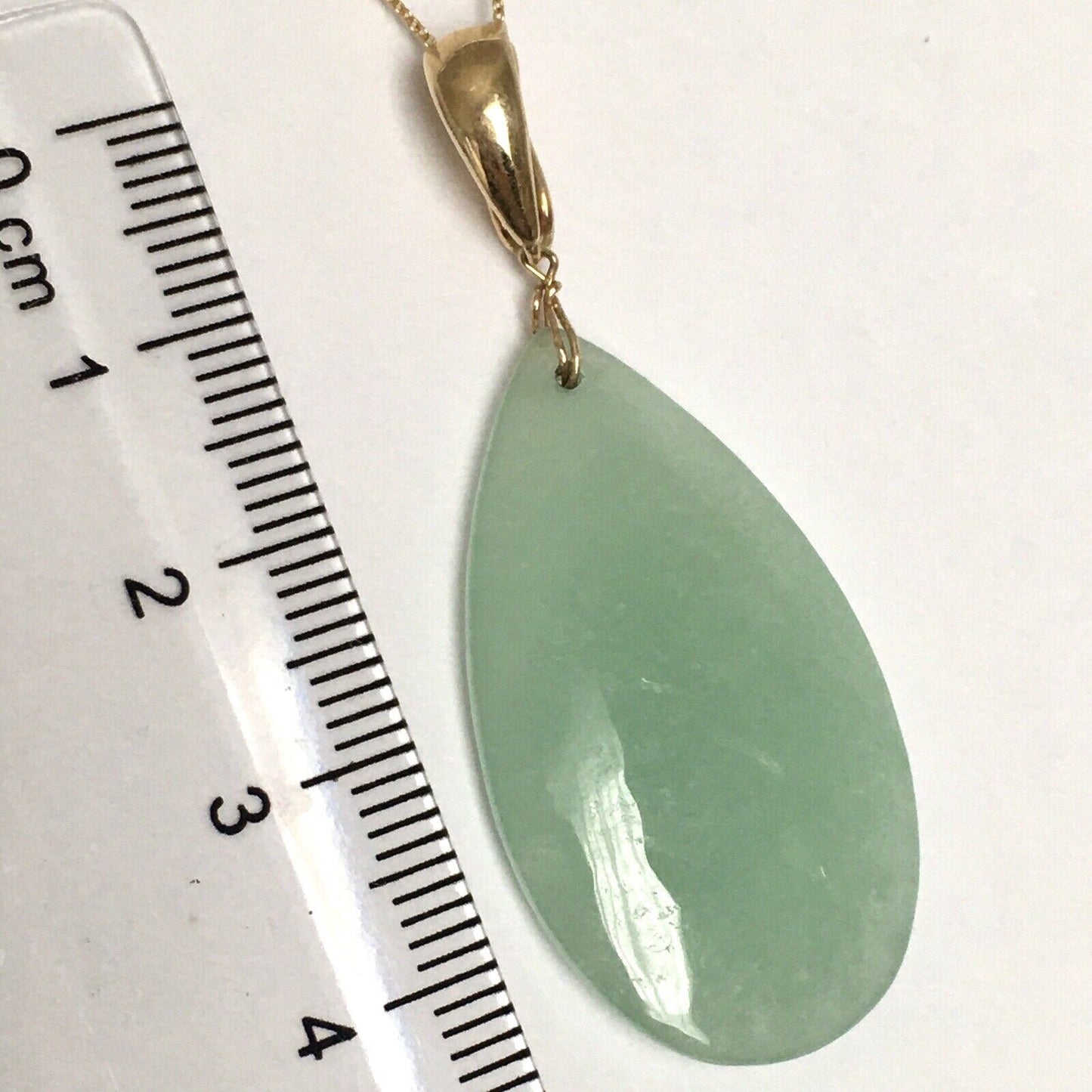 New 14k Solid Yellow Gold Natural Green Jade Teardrop Pendant Good Luck 6.3g