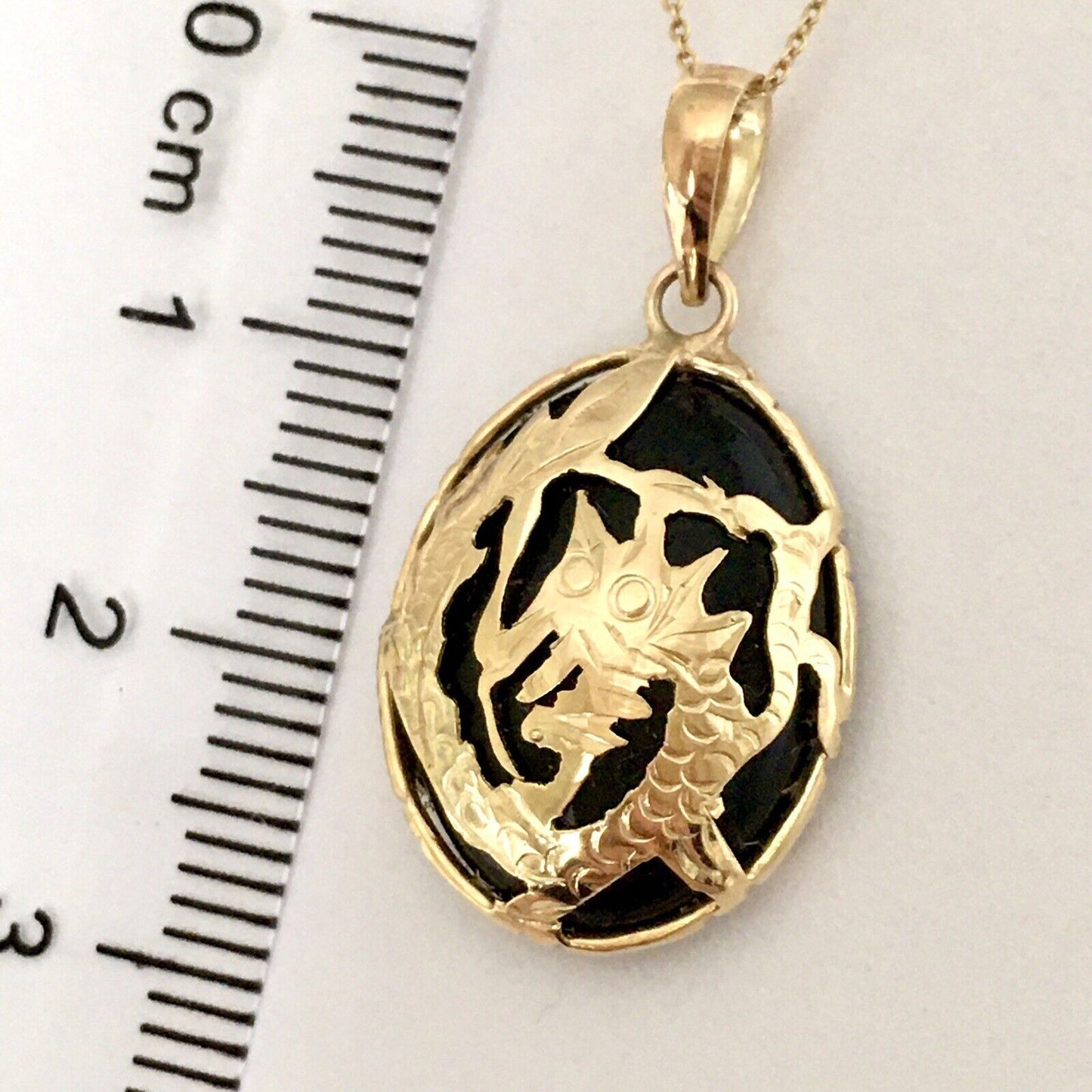 New 14k Solid Yellow Gold Black Onyx Pendant For Necklace, Powerful Dragon 2.5G