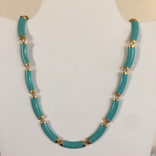 P-058560 New 14k Solid Yellow Gold Unique Turquoise Bamboo Necklace, “happiness” Clasp