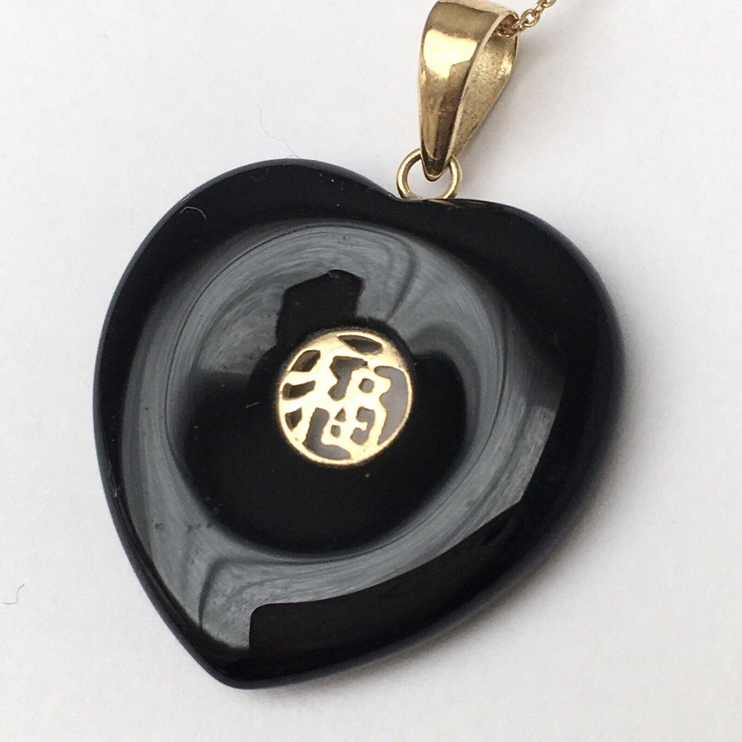 New 14k Solid Yellow Gold Black Onyx Love Heart Necklace Pendant Happiness 2.4g