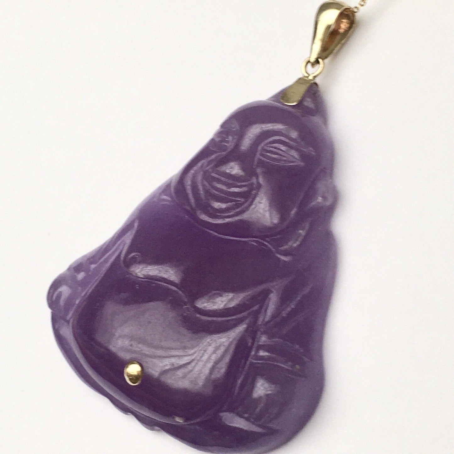 Big New 14k Solid Yellow Gold Natural Quality Lavender Jade Pendant Lucky Buddha