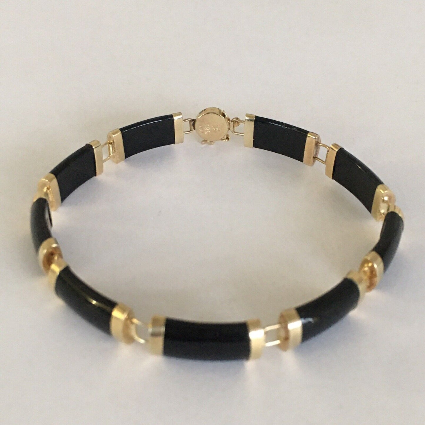 New 14k Solid Yellow Gold Black Onyx Bamboo Bracelet 7” Lucky Long Life