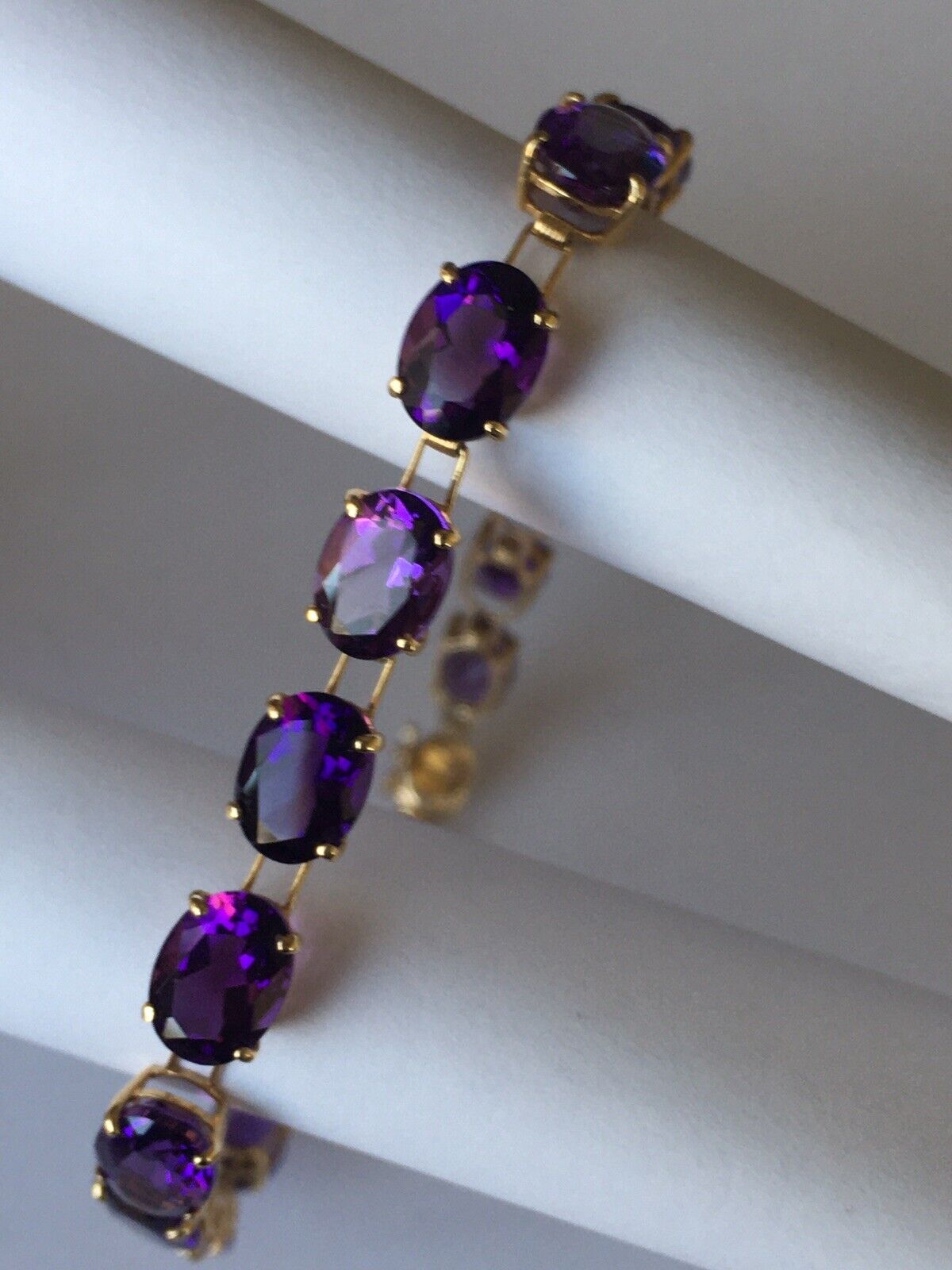 P057011, New 14k Marked Solid Yellow Gold Amethyst Bracelet, 7.5”, 6*8mm/stone