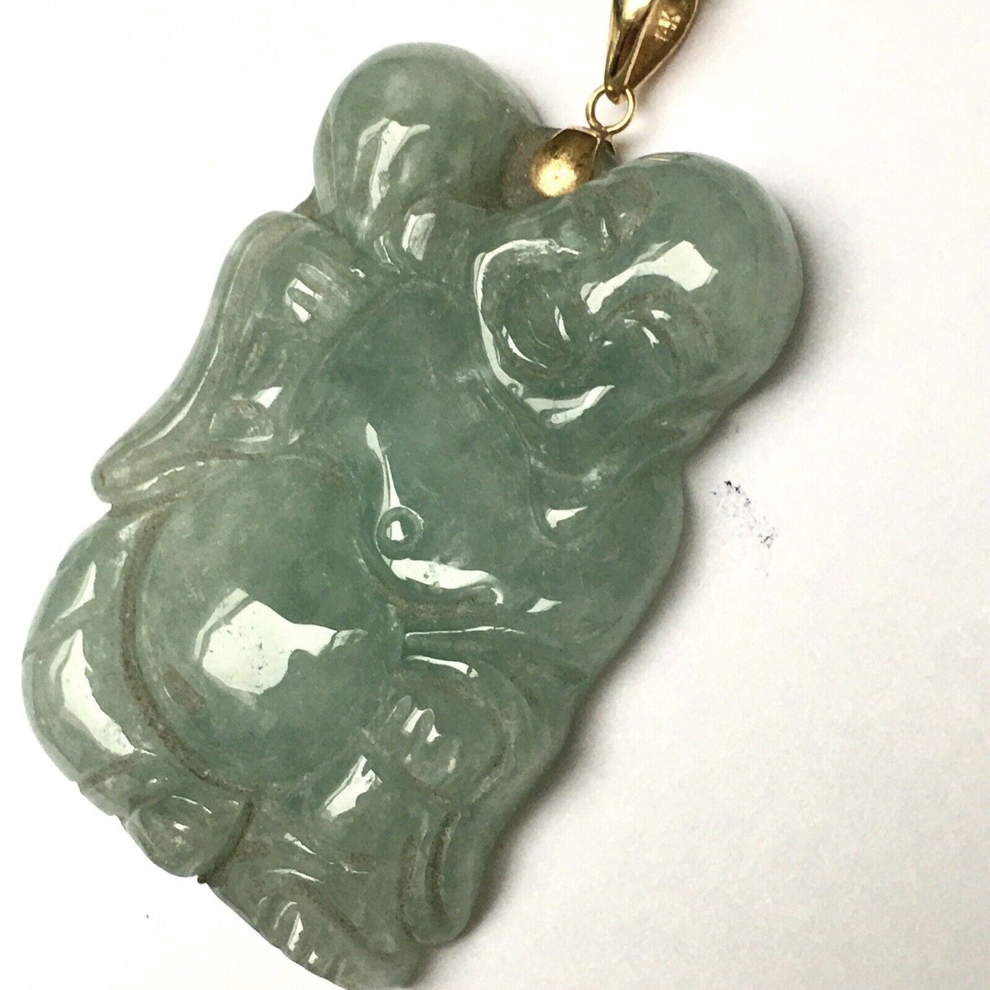 New 14k Solid Yellow Gold Big Natural Green Jade Pendant Lucky Buddha 18.8g