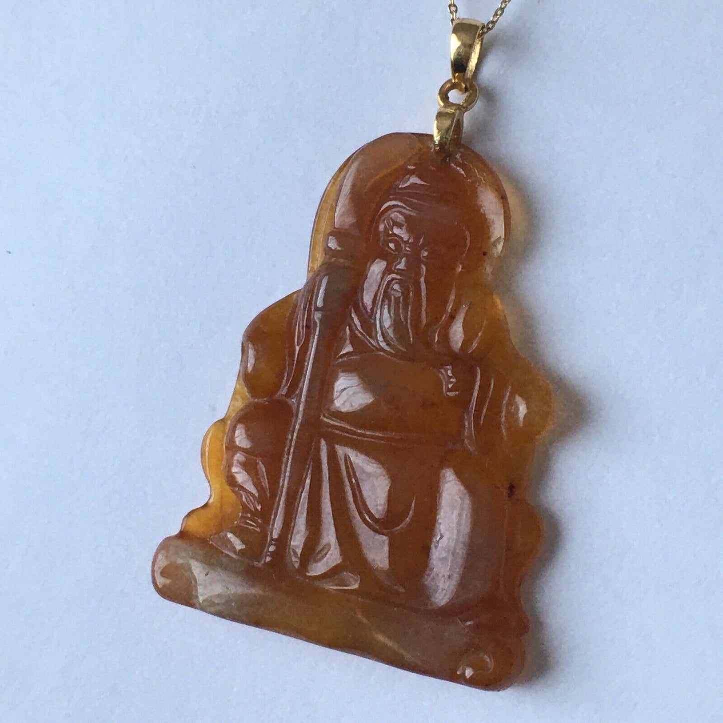 18k Solid Yellow Gold Natural Brown Jade Pendant Lucky Buddha 3.2g Hand Carved