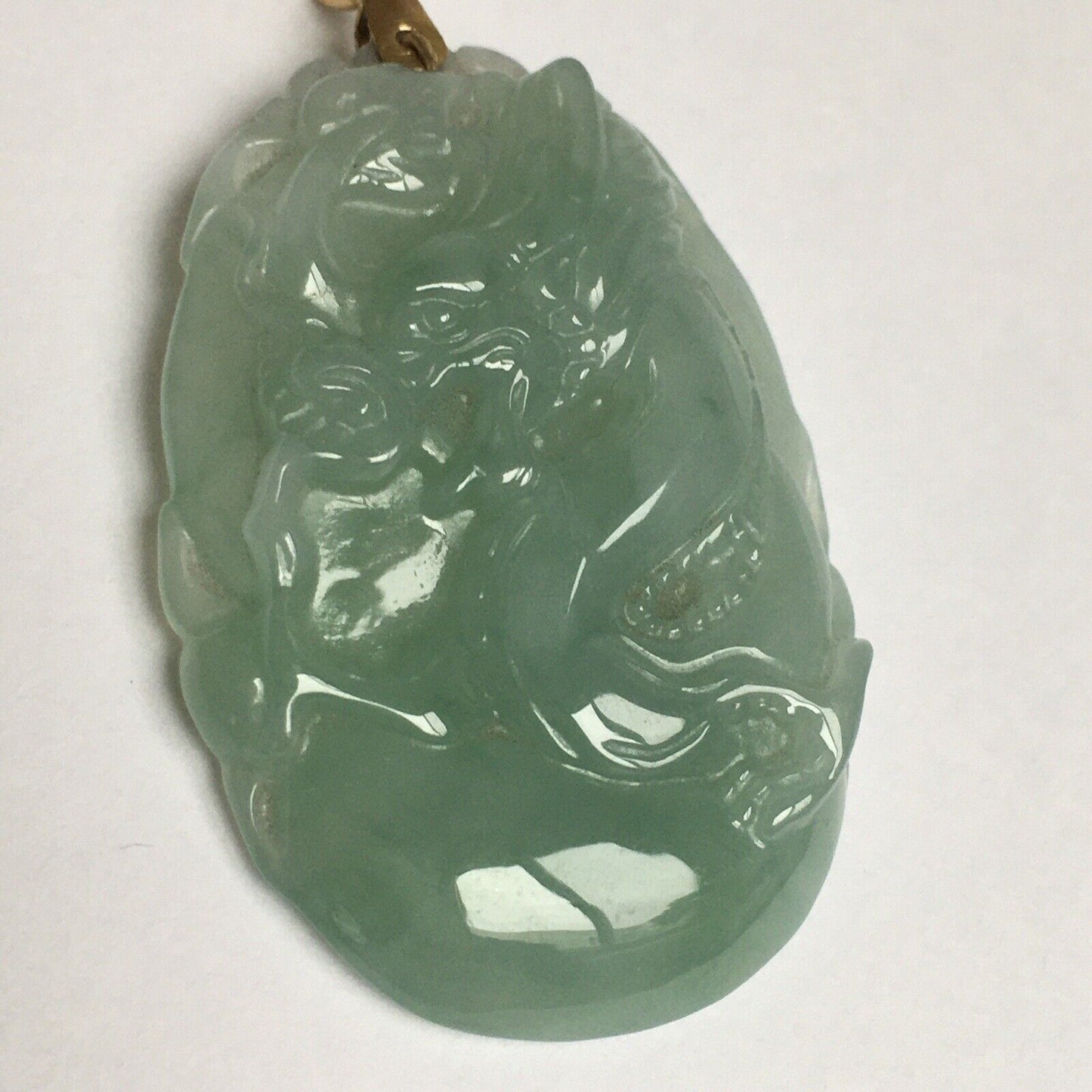 New 14k Solid Yellow Gold Natural Green Jade Pendant Long Life Dragon Good Luck