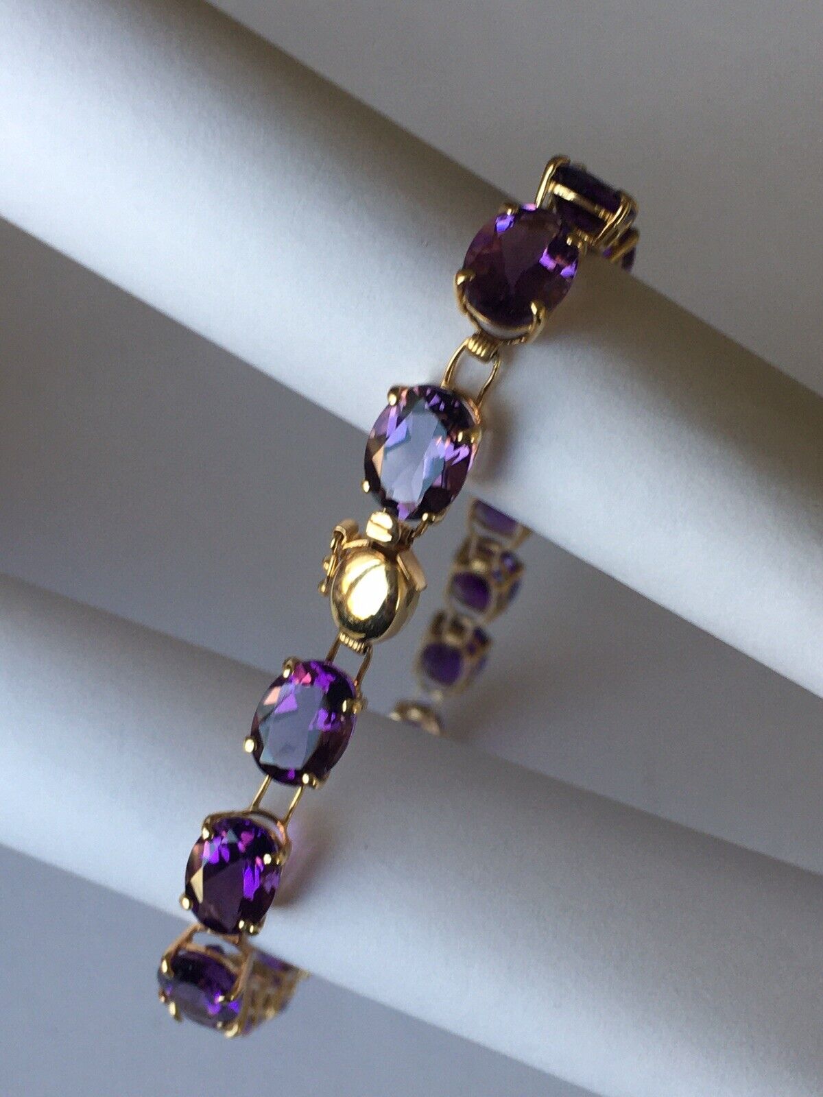 P057011, New 14k Marked Solid Yellow Gold Amethyst Bracelet, 7.5”, 6*8mm/stone