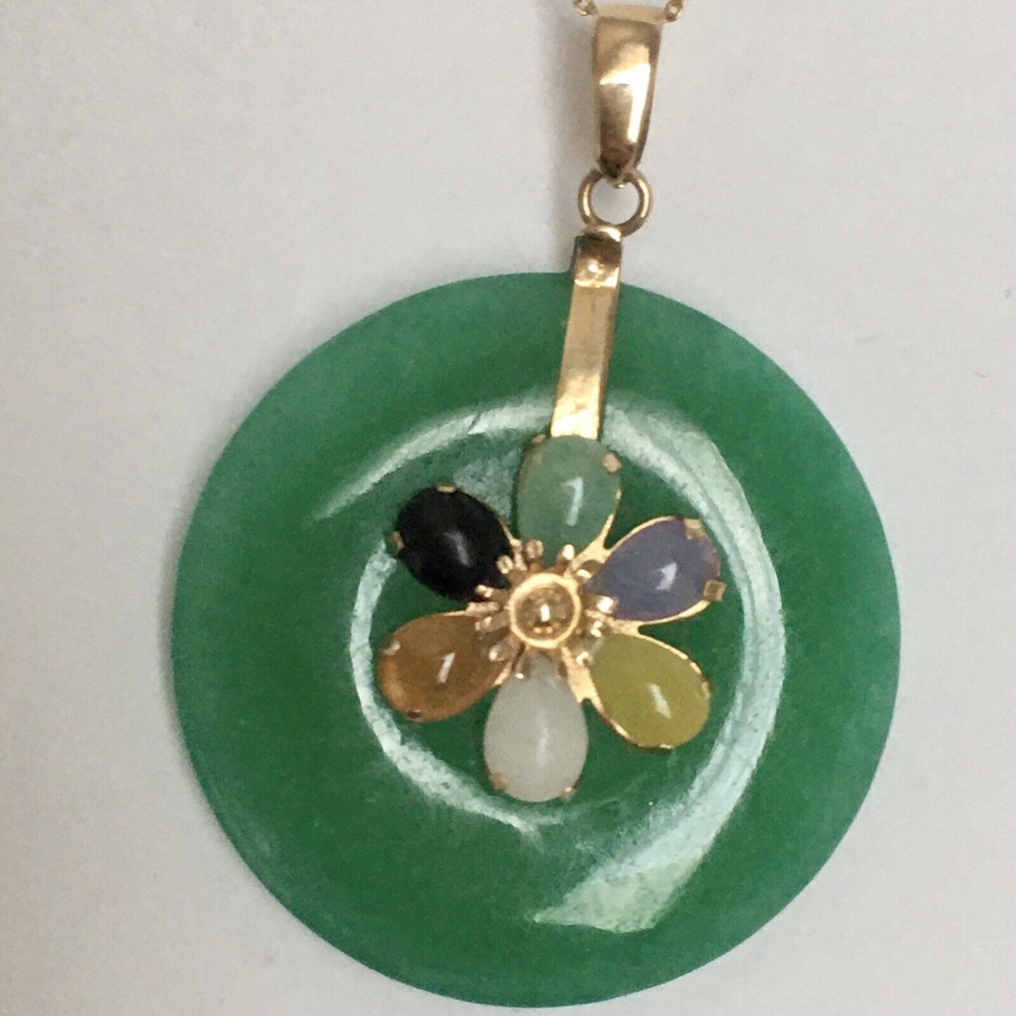 New 14k Solid Yellow Gold Circle Natural Multi Color Jade Flower Pendant Lucky