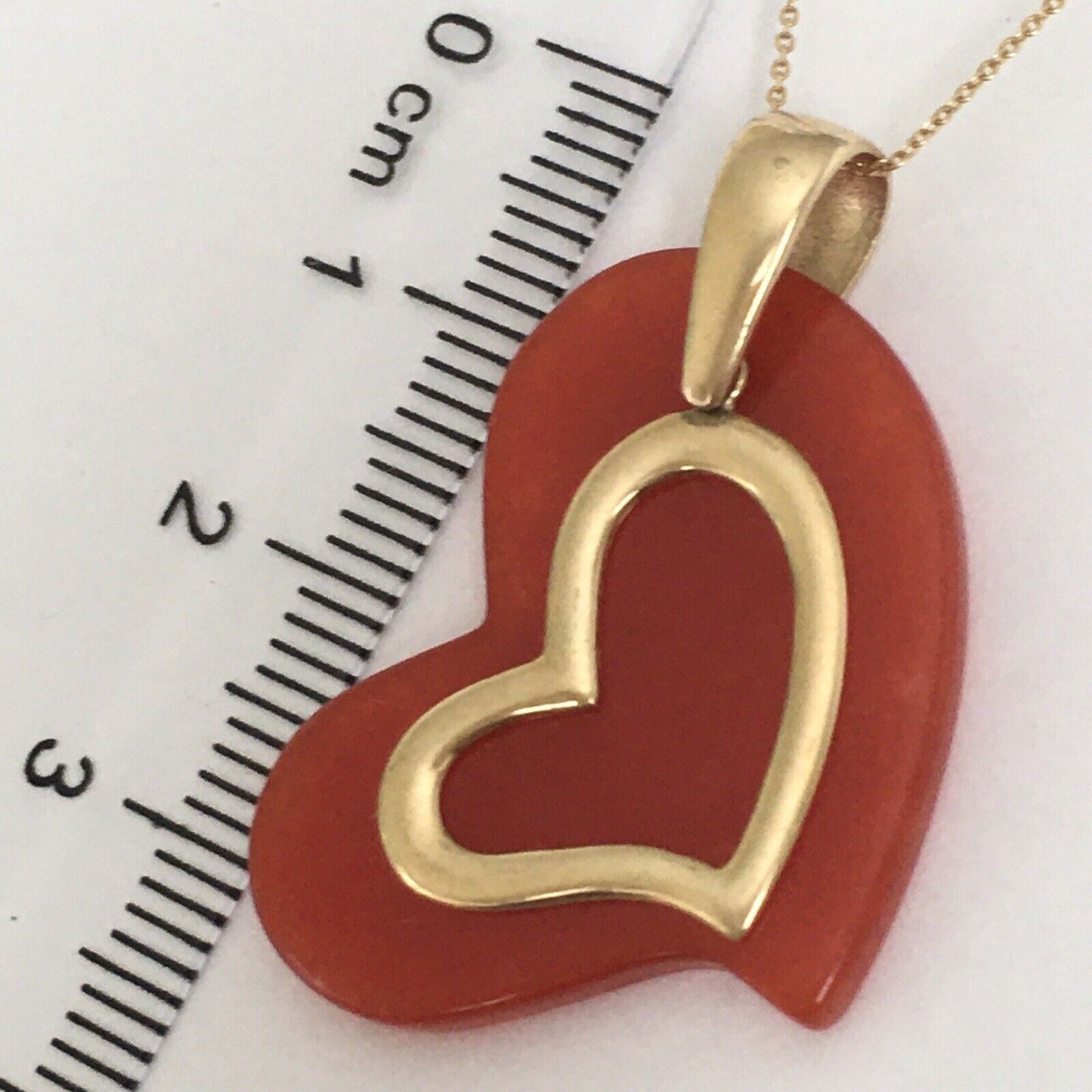 New 14k Solid Yellow Gold Natural Red Jade Love Heart Pendant Good Luck 4.0g