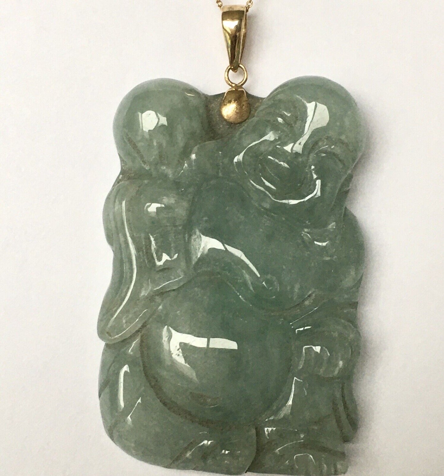 New 14k Solid Yellow Gold Big Natural Green Jade Pendant Lucky Buddha 18.8g