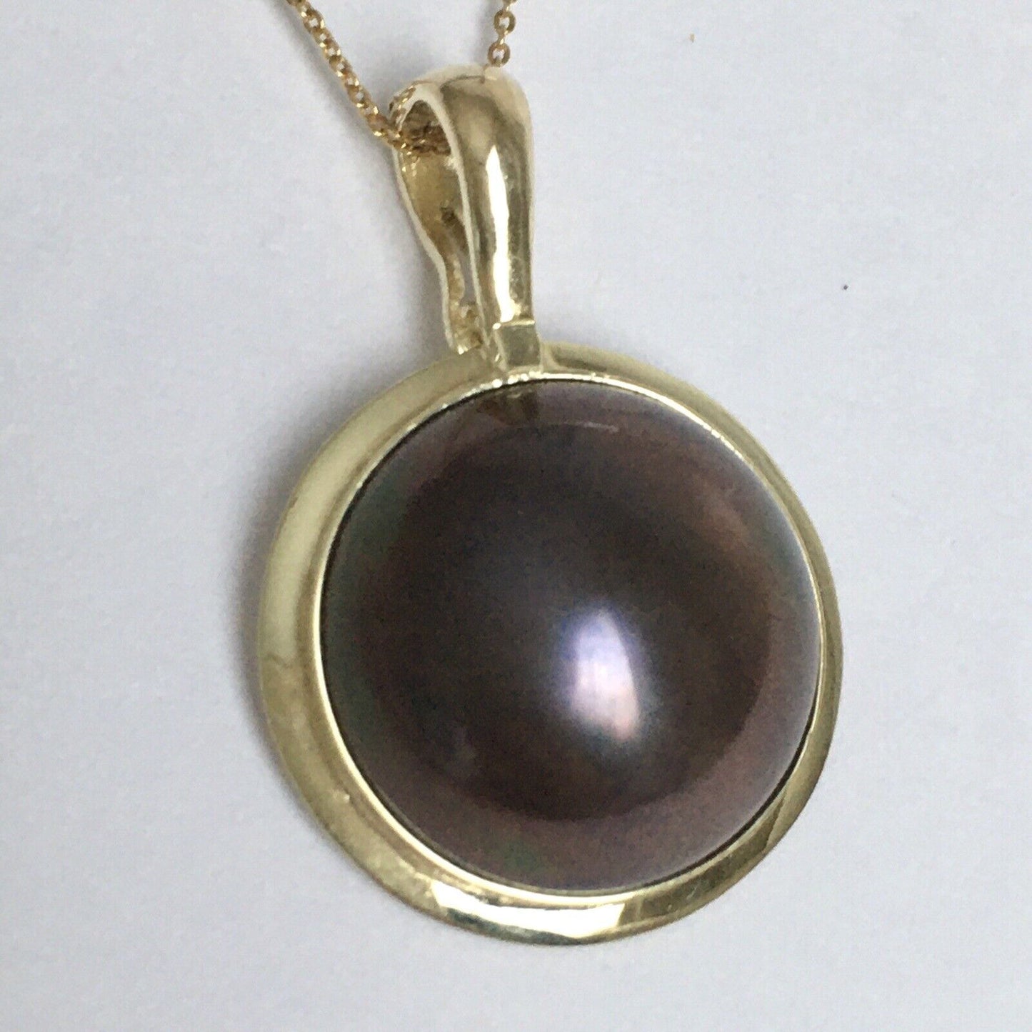 New 14k Solid Yellow Gold Y/G Natural Black Mabe Pearl Pendant 2.5g