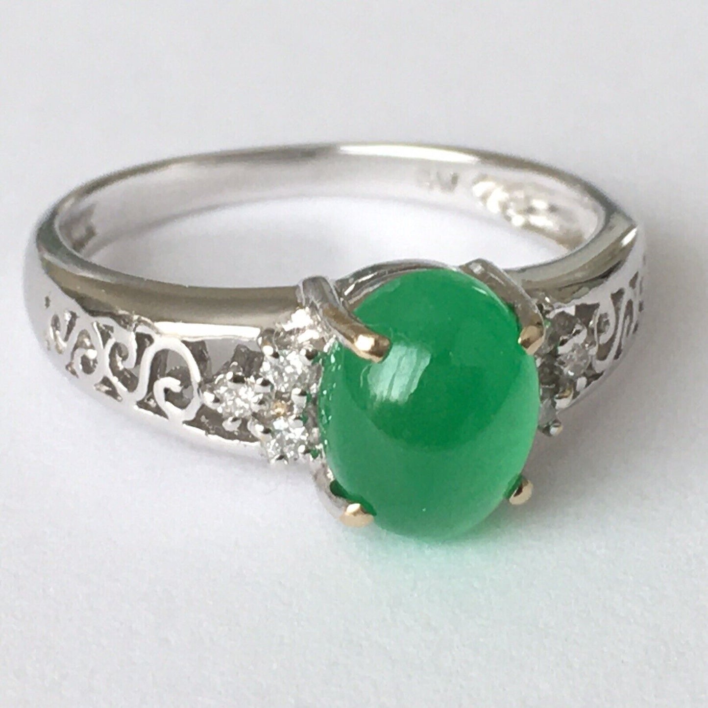 New Natural 14k Solid White Gold Quality Green Jade Diamonds Ring SZ-7.5