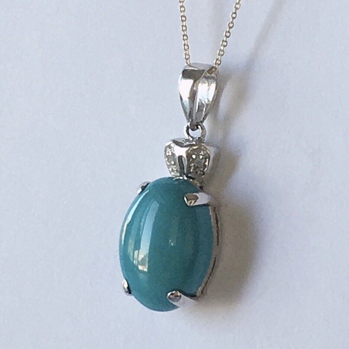 P-0964 New 14k Solid White Gold W/G Turquoise Pendant With Diamond, Oval Shape