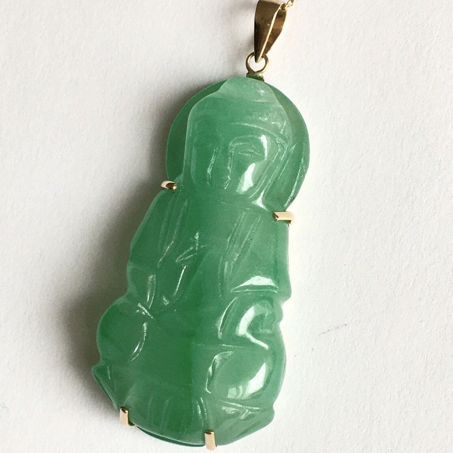 New 18k Solid Yellow Gold Natural Green Jade Pendant Lucky Guanyin Buddha 10.8g