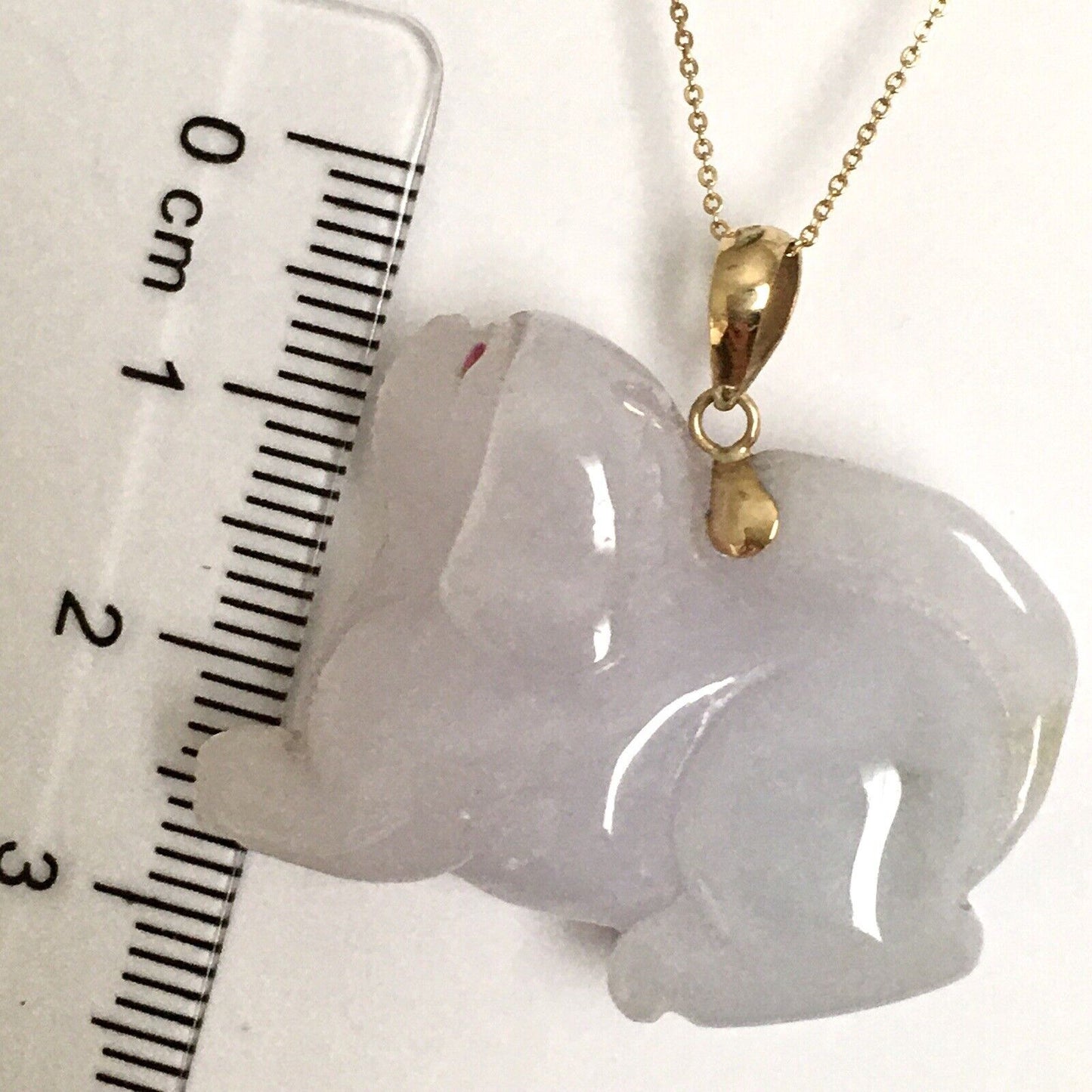 14k Solid Yellow Gold Natural Lavender Jade Pendant Ruby Eyes 3D Dog Carved