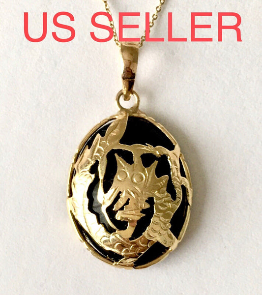 New 14k Solid Yellow Gold Black Onyx Pendant For Necklace, Powerful Dragon 2.5G