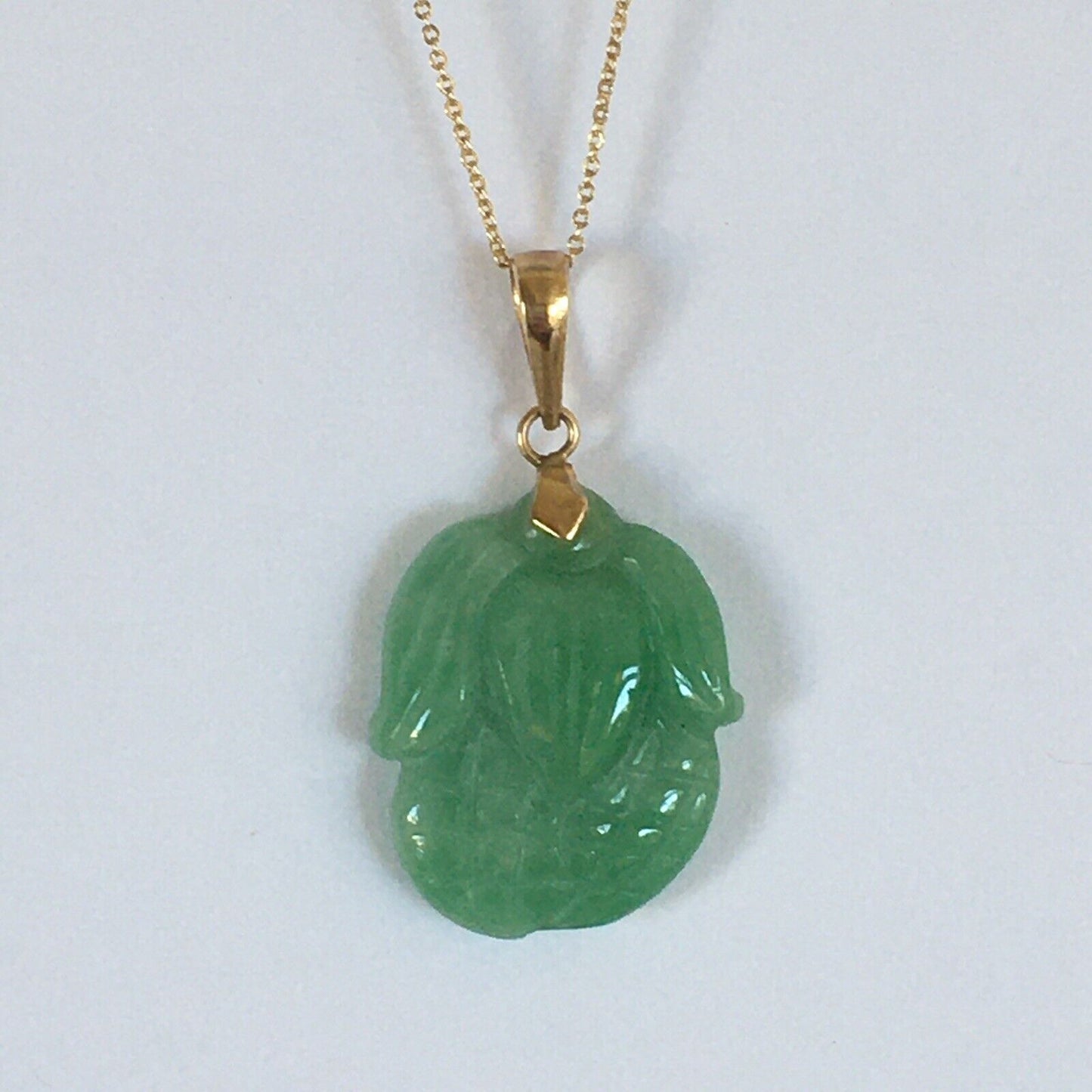 P-4130 New 14k Solid Yellow Gold Natural Quality Green Jade Pendant Lucky Corn