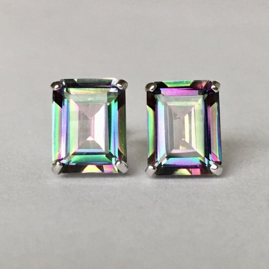 New 14k Yellow Gold Rainbow Mystic Topaz Studs Earrings Gemstone 7*9mm Emerald