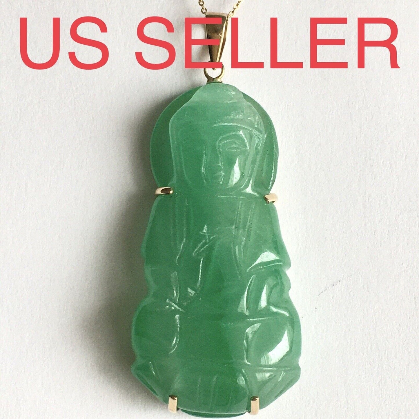 New 18k Solid Yellow Gold Natural Green Jade Pendant Lucky Guanyin Buddha 10.8g