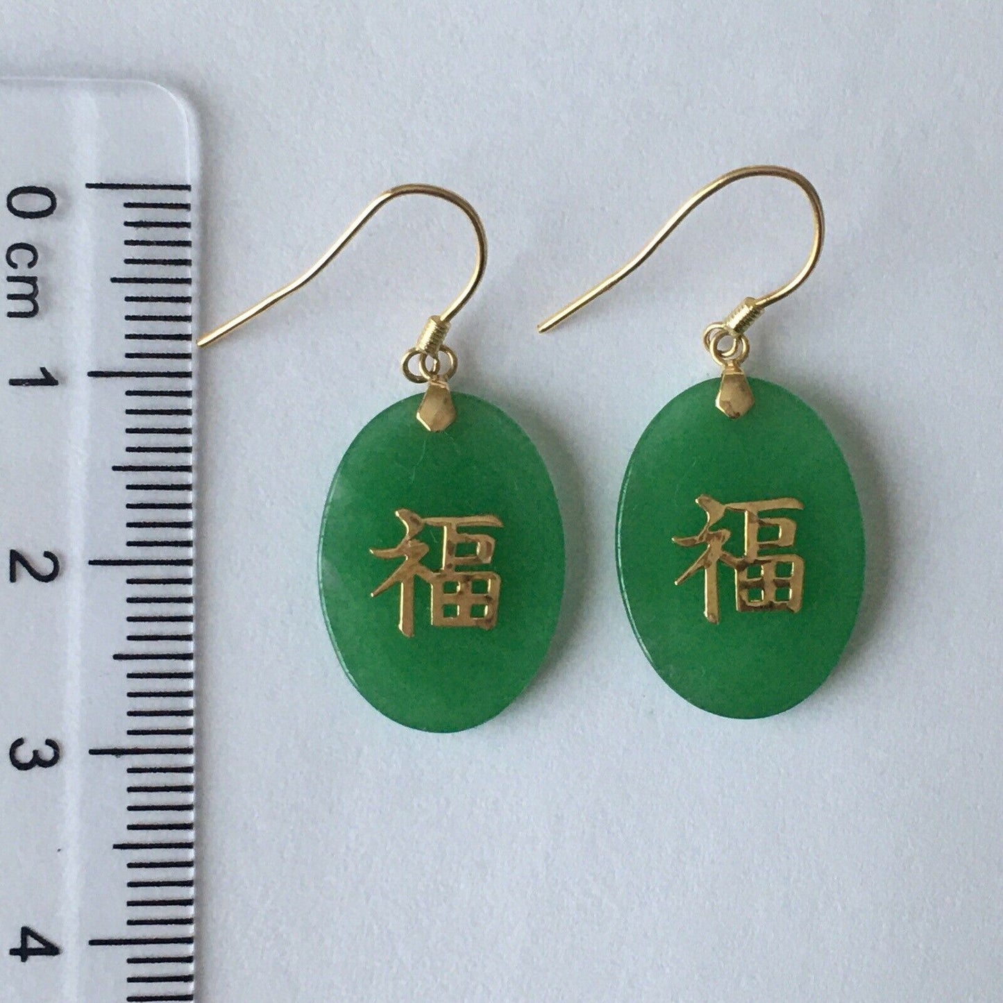 New 14k Solid Yellow Gold Natural Green Jade Earrings “Happiness” Good Luck 3.2g