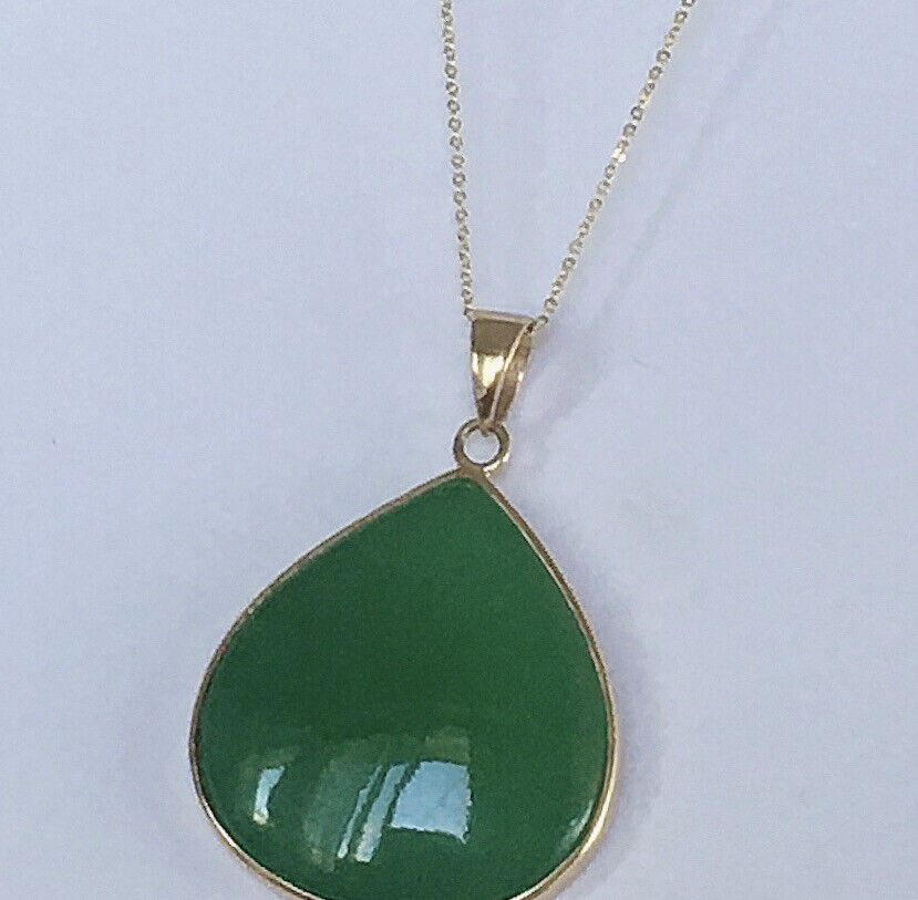 P-2380 New 14k Solid Yellow Gold Natural Quality Green Jade Pendant HandCut Pear