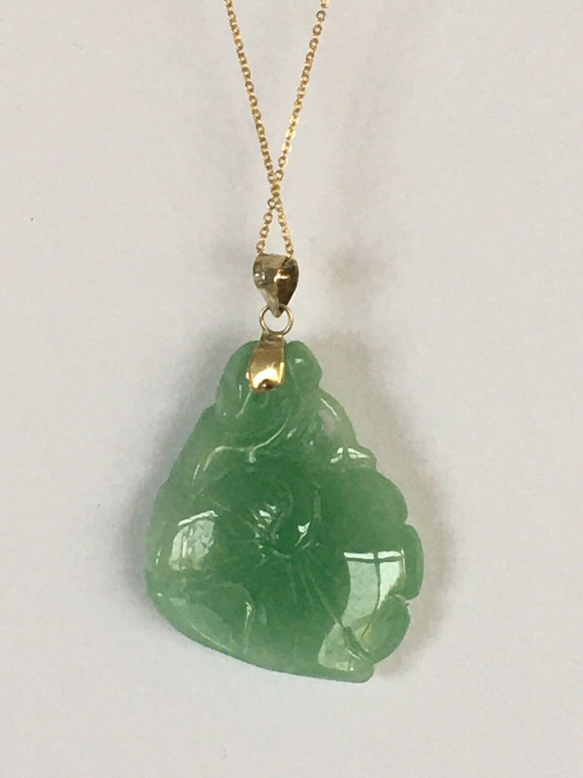 P-4730 New 14k Solid Yellow Gold Natural Quality Green Jade Pendant LuckyFlower