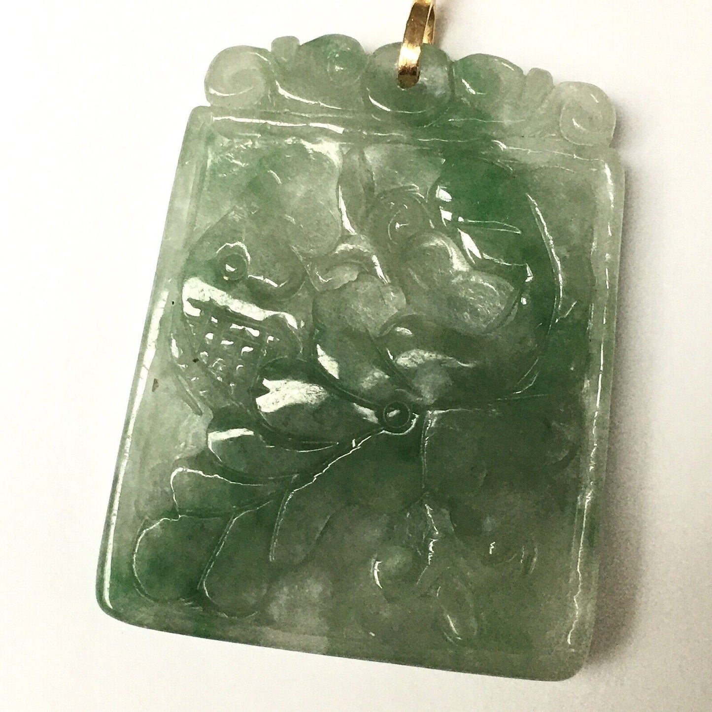 14k Solid Yellow Gold Big Green Jade Pendant Hand carved Good Luck Fish 16.0g