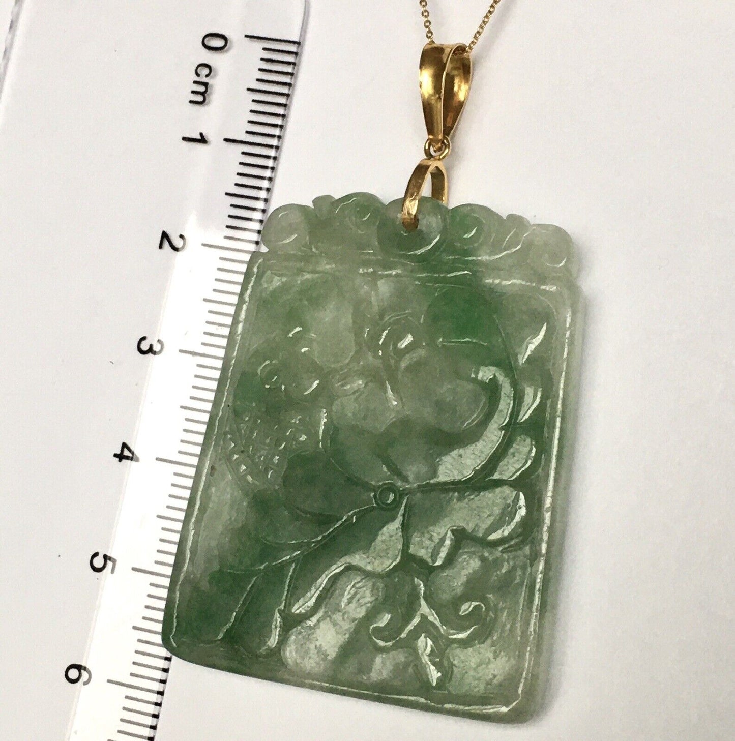 14k Solid Yellow Gold Big Green Jade Pendant Hand carved Good Luck Fish 16.0g