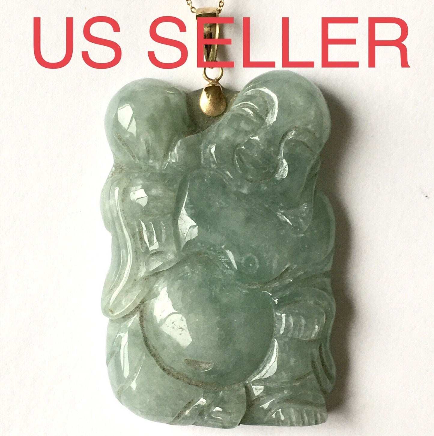 New 14k Solid Yellow Gold Big Natural Green Jade Pendant Lucky Buddha 18.8g