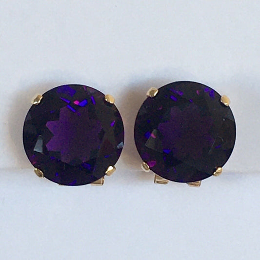 New 14k Solid Yellow Gold Y/G Amethyst Earrings Round cut, 15*15mm, French Clip