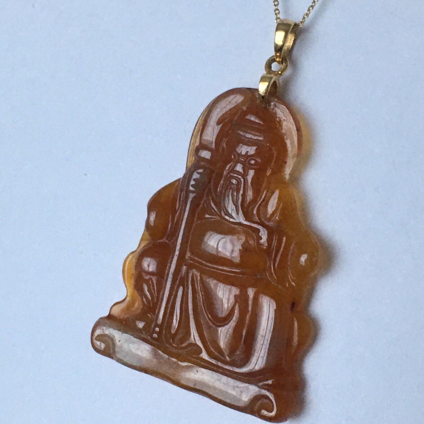 18k Solid Yellow Gold Natural Brown Jade Pendant Lucky Buddha 3.2g Hand Carved