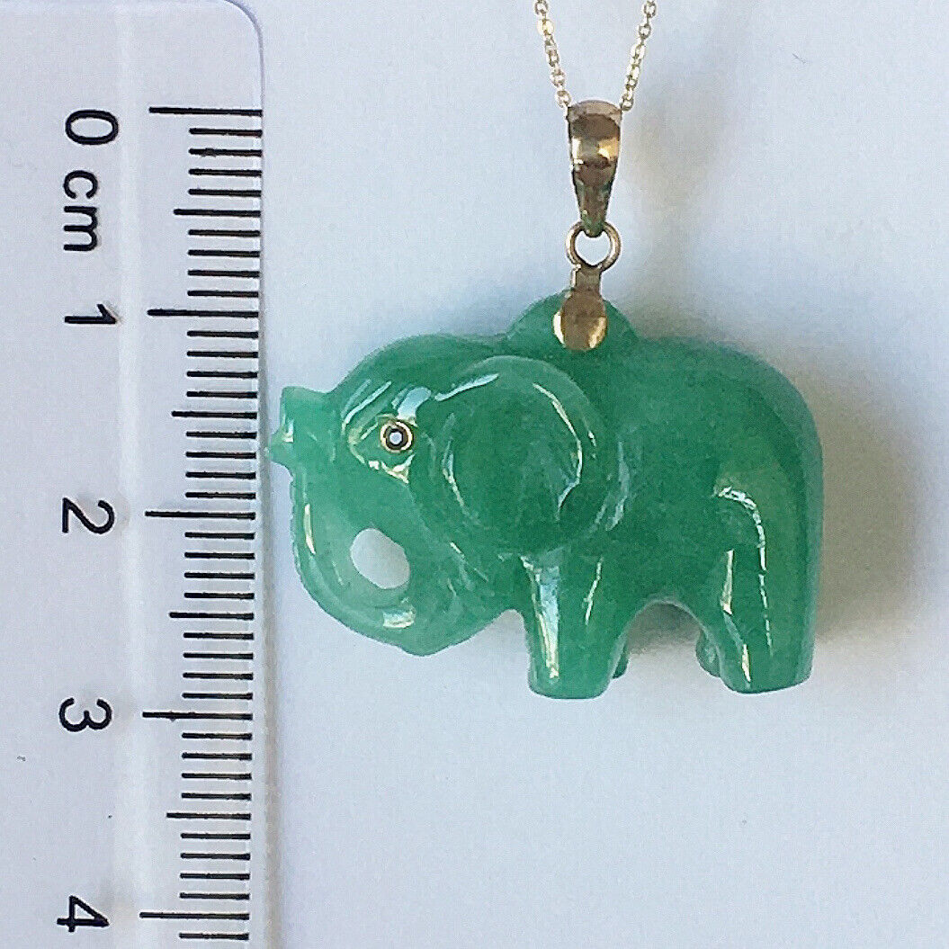 P-2850 New 14k Solid Yellow Gold Natural Green Jade Elephant Pendant Ruby Eyes