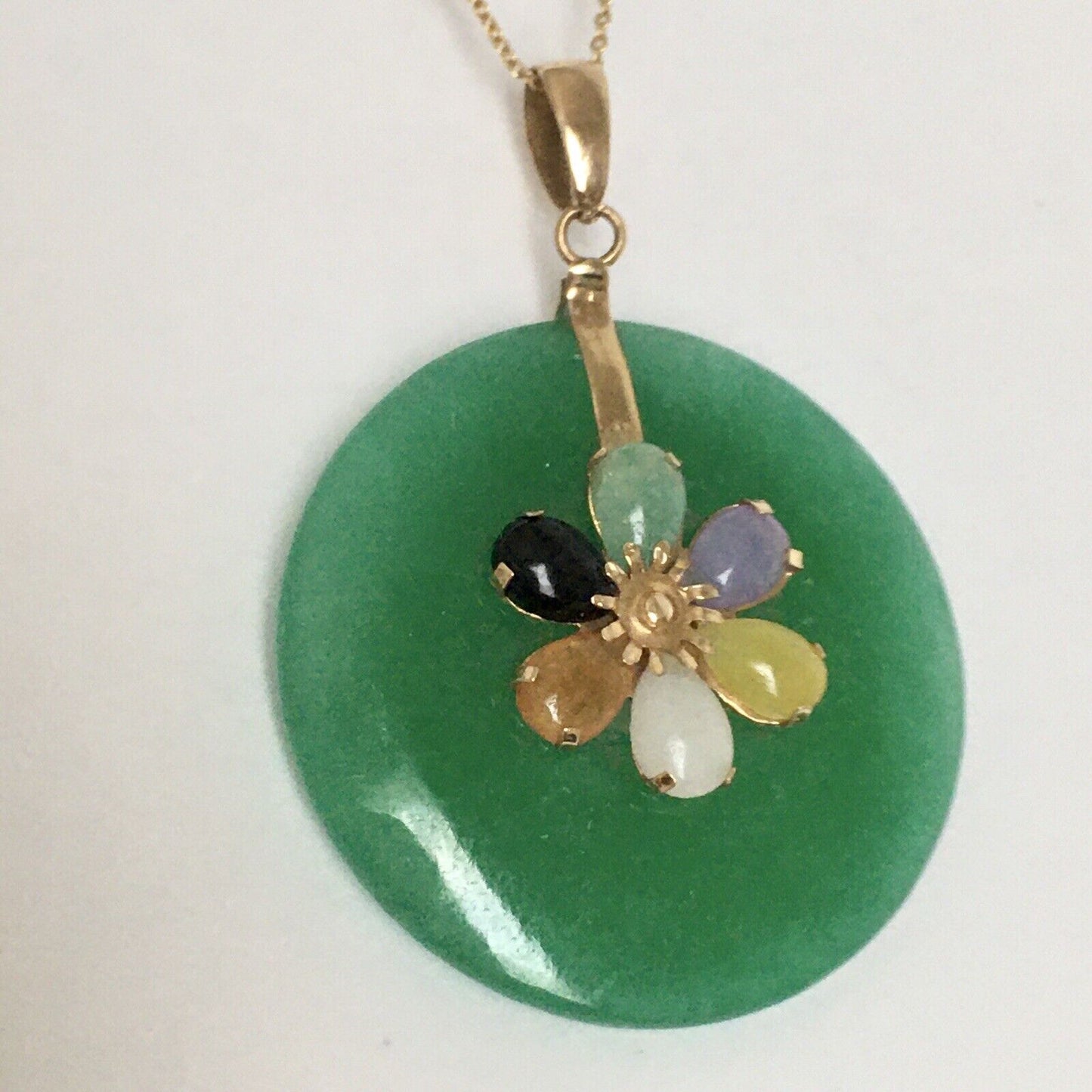 New 14k Solid Yellow Gold Circle Natural Multi Color Jade Flower Pendant Lucky