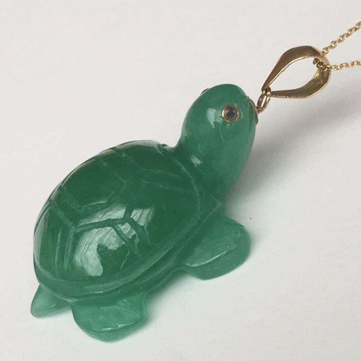 14k Solid Yellow Gold Natural Green Jade Turtle Pendant Ruby Eyes Hand Carved