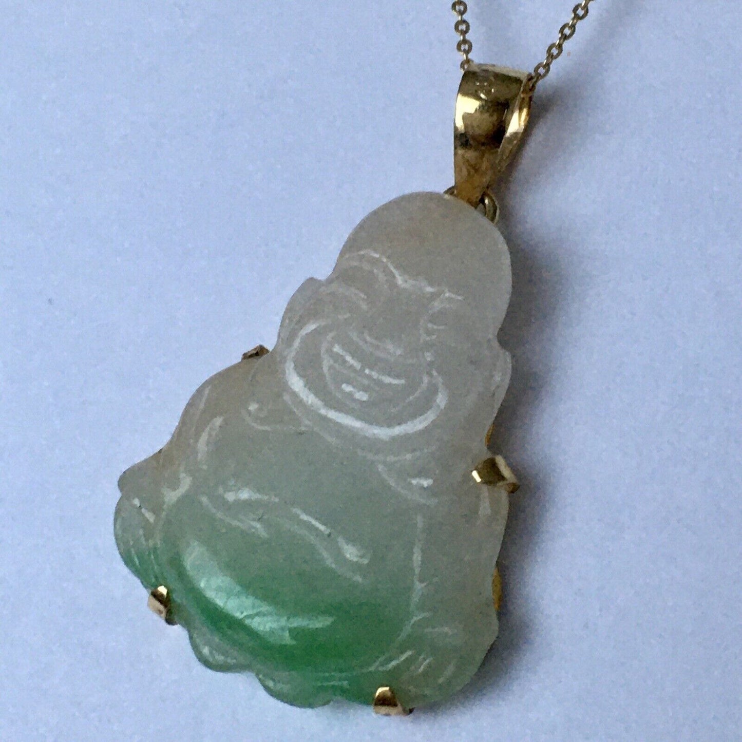 New 18k Solid Yellow Gold Natural Green White Jade Pendant Lucky Buddha 3.2g