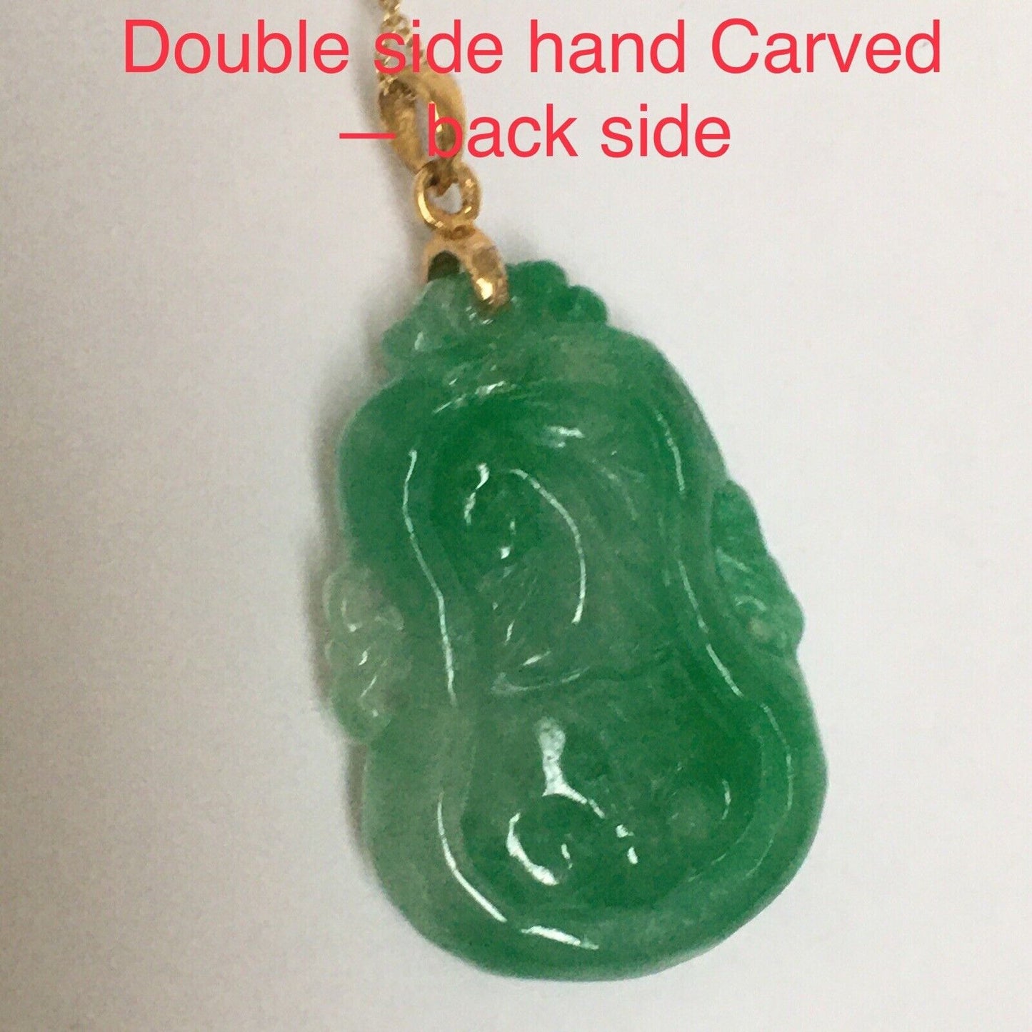 18k Solid Yellow Gold Green Jade Pendant Hand carved Good Luck Fish Gourd 7.7g