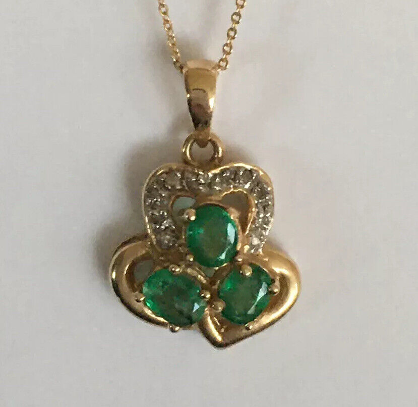 P-94170 New 14k Solid Yellow Gold Genuine Oval Emerald Pendant With Diamond