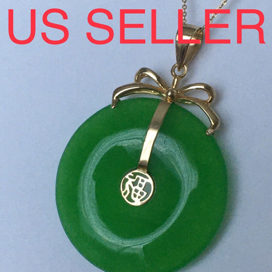 New 14k Solid Yellow Gold Circle Natural Green Jade Pendant Lucky Happiness 4.8g