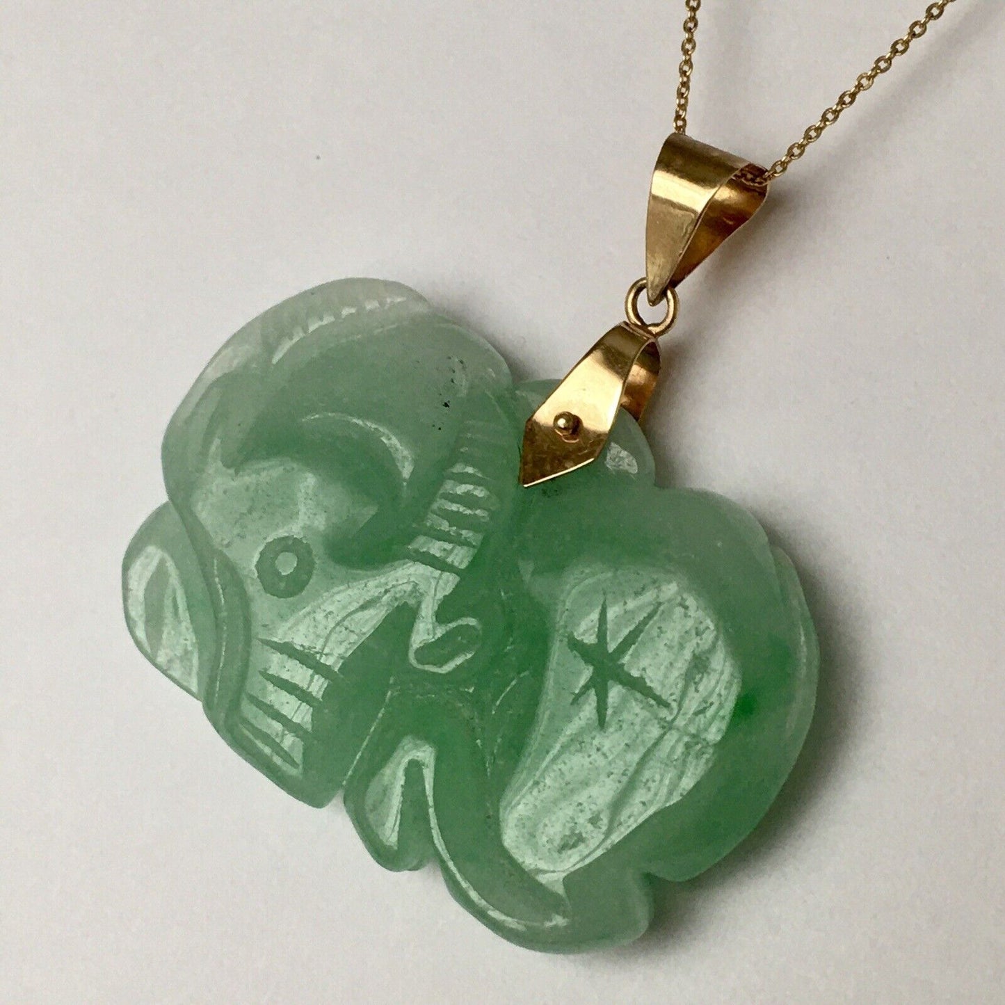 New 14k Solid Yellow Gold Green Jade Pendant Good Luck Hand Carved Year Of Ox