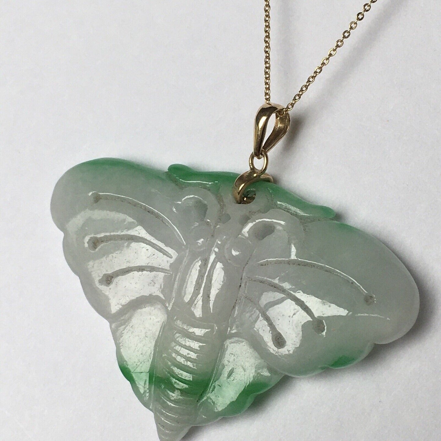 New 14k Solid Yellow Gold Natural White Green Jade Pendant Good Luck Butterfly