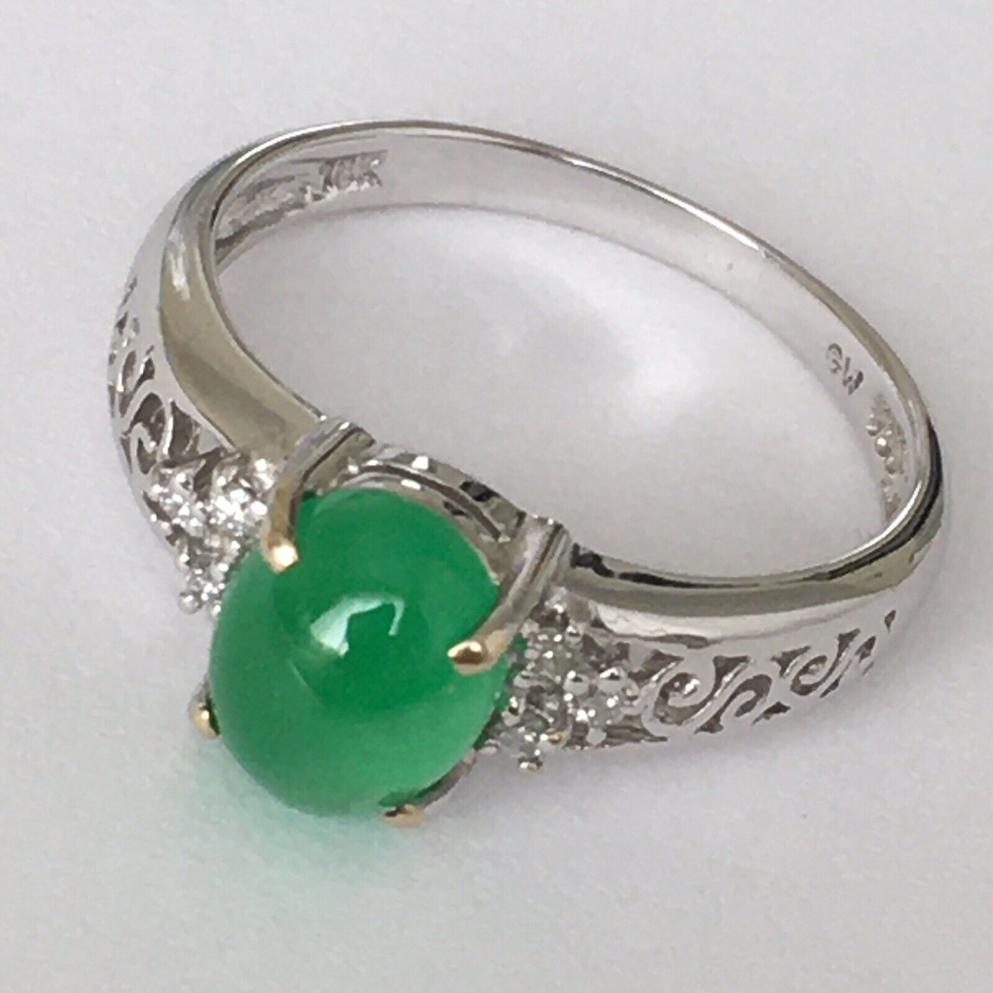 New Natural 14k Solid White Gold Quality Green Jade Diamonds Ring SZ-7.5