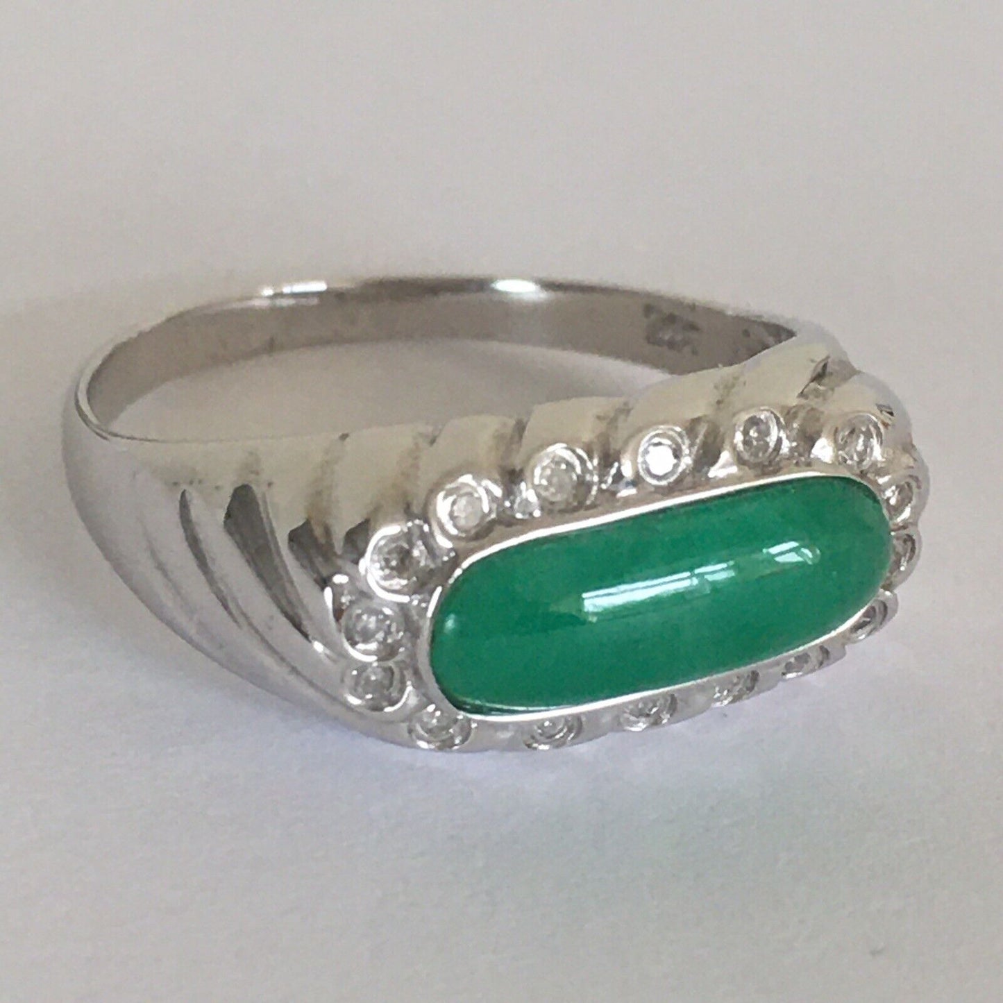 Q10426, New 14k Solid White Gold W/G Natural Green Jade Ring, 12*5mm, SZ-7